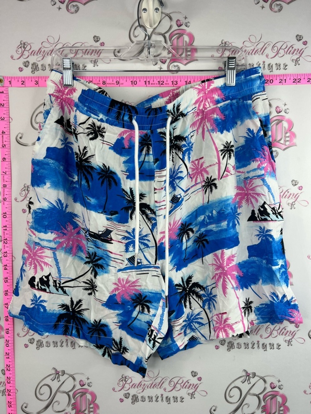 Shorts swim board Tropical Palm Print Drawstring Shorts - Blue, Pink, White